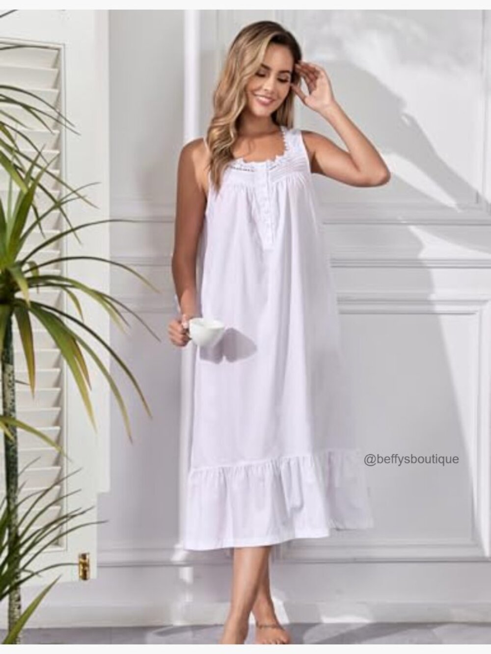 Women's Cotton Sleeveless Nightgown with Pockets Victorian Sleep Dress - Picture 5 of 7